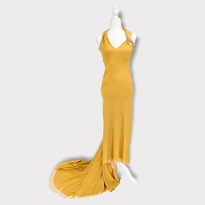 Vionnet Yellow Silk V Neck Halter Dress‎ with Train